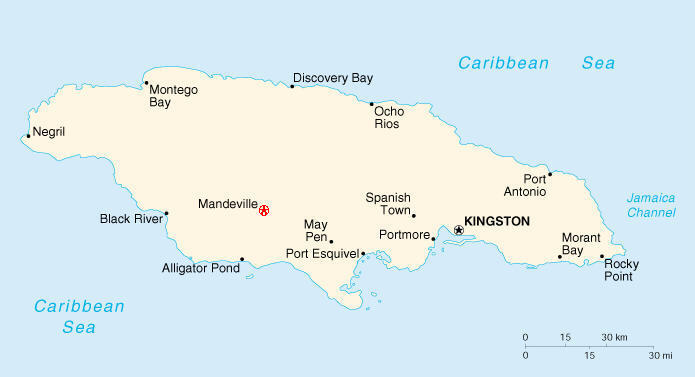 Map of Jamaica, with Manchester highlighted
