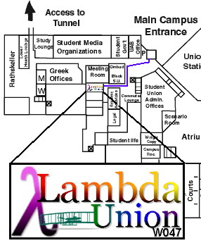 Map of path to Lambda Union from the Main Campus SU Entrance